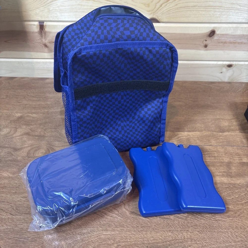 Manna 4 Piece Lunch Kit Blue‎ Checker Insulated Bag Container Ice Packs KF51832